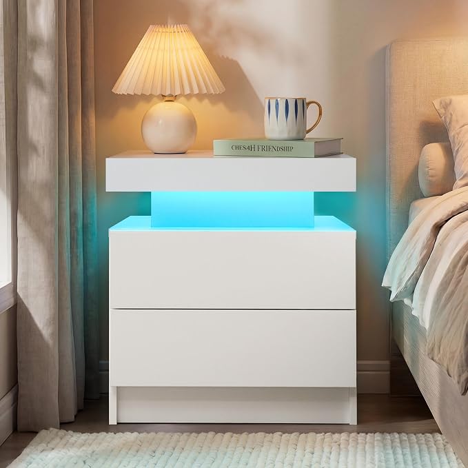 LED Nightstand with Wood 2 Drawers Modern Bedside Table - Image 3