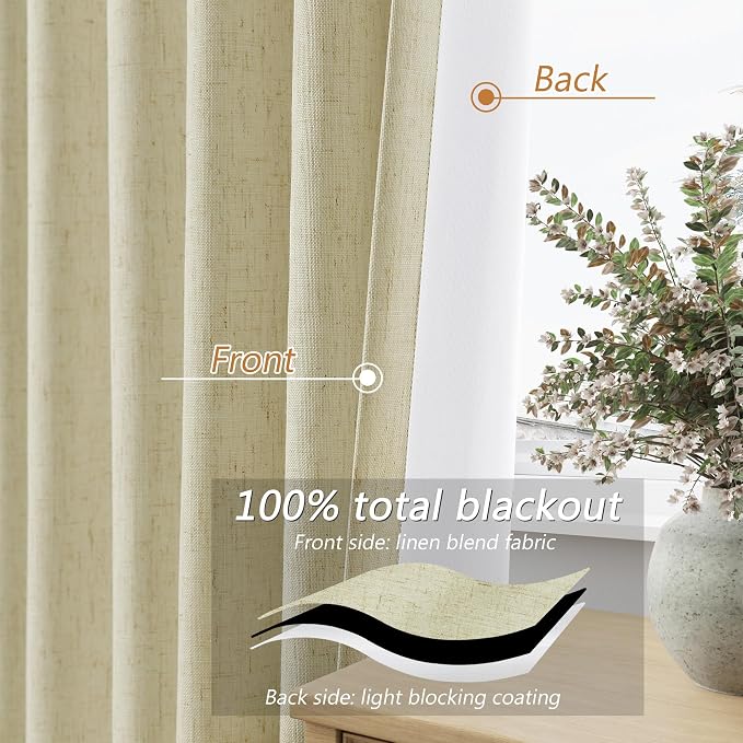 100% Blackout Linen Curtains for Bedroom 90 inches Long, Thermal Insulated Room - Image 4