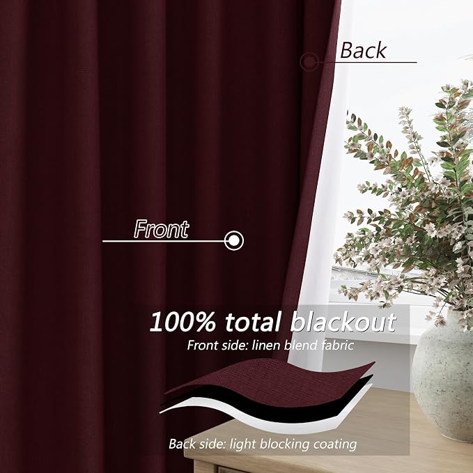 Burgundy 100% Blackout Linen Curtains 84 Inch Length 2 Panels Set - Image 4