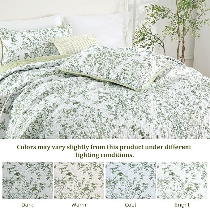 WONGS BEDDING Botanical King Size Quilt, 3 Pieces Bedspread Set, Sage Green | - Image 6