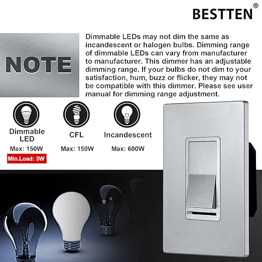 BESTTEN Matte Silver Dimmer Light Switch, Single Pole or 3-Way, Compatible with Dimmable LED, CFL, Incandescent and Halogen Bulb, 120VAC, Signature Collection Series, UL Listed