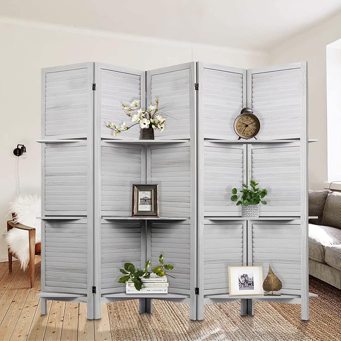 Room Divider with Shelves, 5 Panel Grey Privacy Screen | Partition Room - Image 2