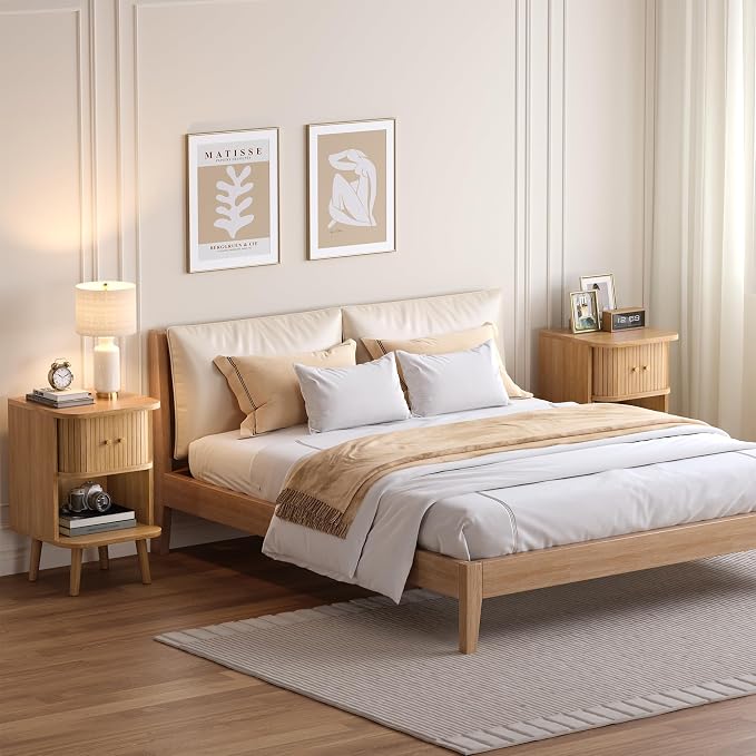 Decofy Fluted Nightstand with Charging Station & Sliding Door, Oak | Open Shelf - Image 7