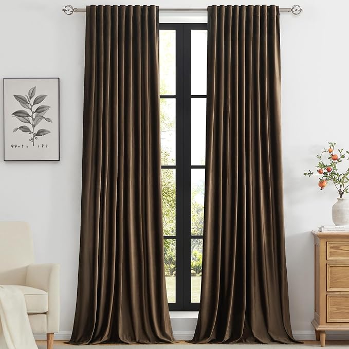 PRIMROSE Brown Polyester Velvet Curtains 102 inch Long by PRIMROSE