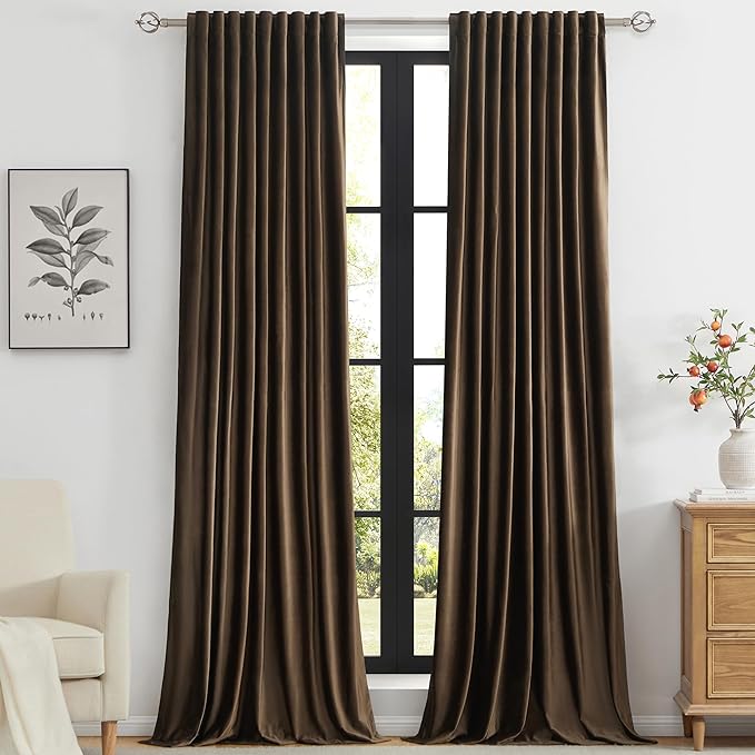 PRIMROSE Brown Velvet Curtains 90 inch Long by PRIMROSE