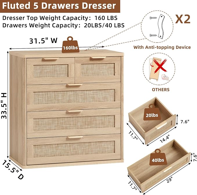 LEYAOYAO Rattan Dresser Set 2 for Bedroom, 33.5" Small Chest of Drawers | Gold - Image 3