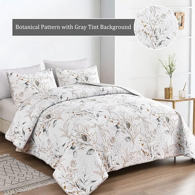 Anibedding Grey Quilt Set Queen, Botanical Bedspread - Image 3