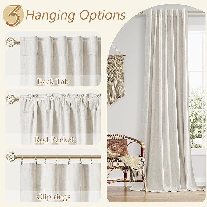 Boho 100% Blackout Linen Curtains 84 Inch Long 2 Panels Set - Image 6