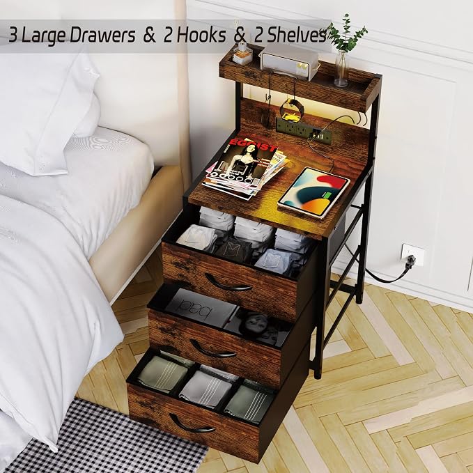SZLHANJZ Nightstands Set of 2, LED Light and Charging Station, 3 Drawers | - Image 9
