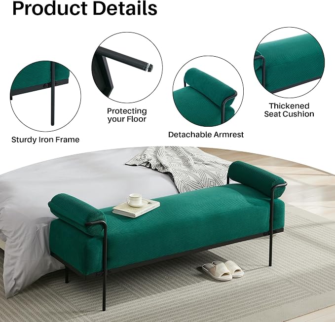 SOFTHION 61.2" End of Bed Bench, Corduroy Upholstered Entryway Bench, Footrest - Image 5