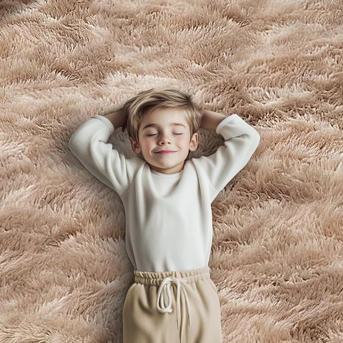 4x6 Area Rugs for Bedroom, Dark Beige Tie-Dyed Fluffy Shag Bedside Rugs | - Image 7