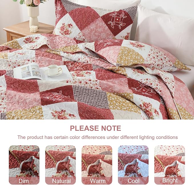 Dinjoy Boho Quilt Set King Size, Patchwork Floral Bedspreads, Romantic Red | - Image 8