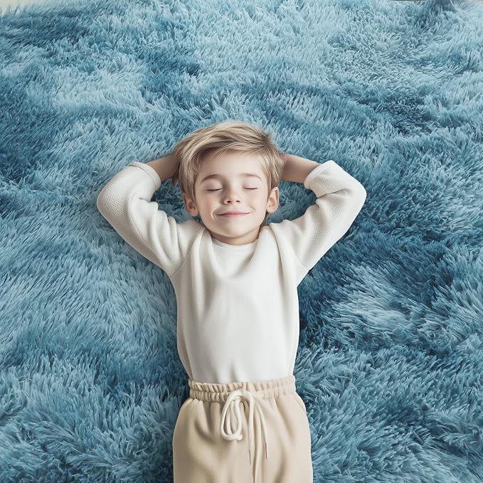 Fluffy Rug Shag Area Rug, Dark Blue Tie-Dyed 3x5 Area Rugs - Image 8