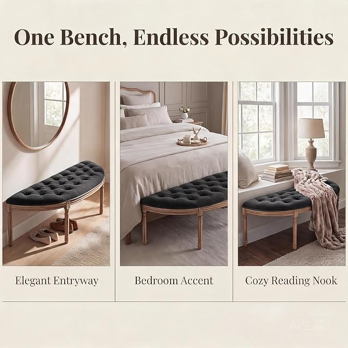 chairus 55" Button Tufted Semi-Circle Dining Bench Linen Halfmoon Entryway - Image 6
