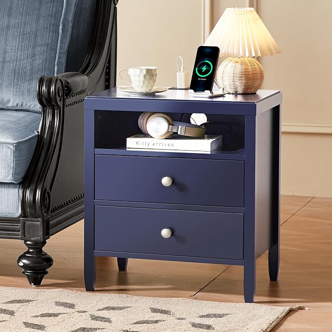 Huuger Nightstand with Charging Station, Bedside Table with Storage, Modern - Image 4