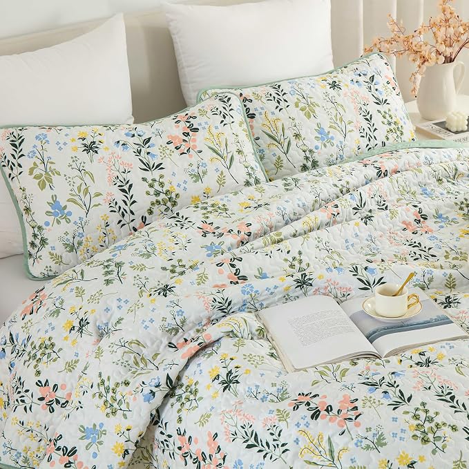 Anibedding Floral Quilt Set Queen Size Green Print Bedspread Coverlet Set | - Image 5