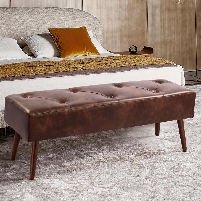 44 Inch Tufted Bench, Leather Footrest Bedroom Bench Seat, Upholstered Leather - Image 2