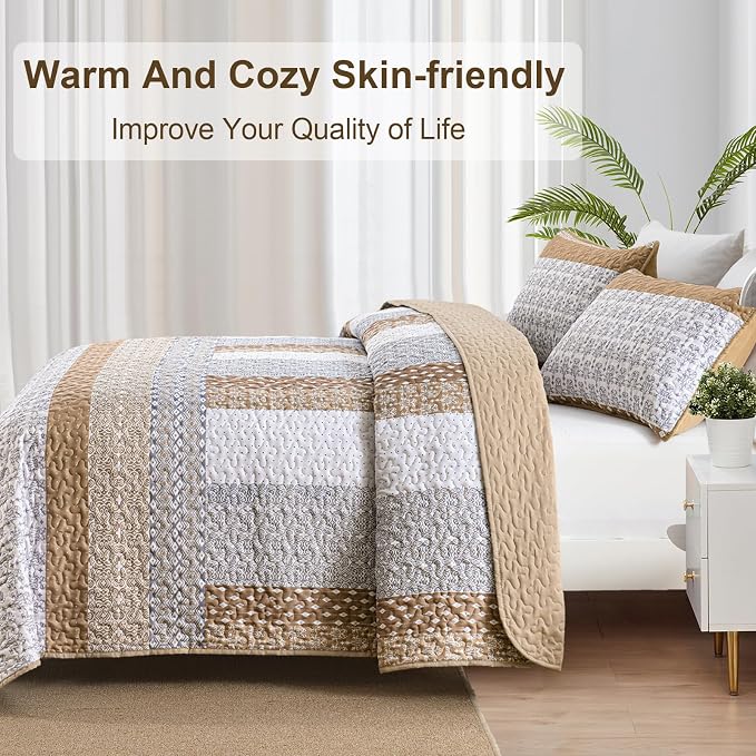 WONGS BEDDING Brown King Quilt Bedding Set, Bohemian Stripe Bedspread | - Image 4
