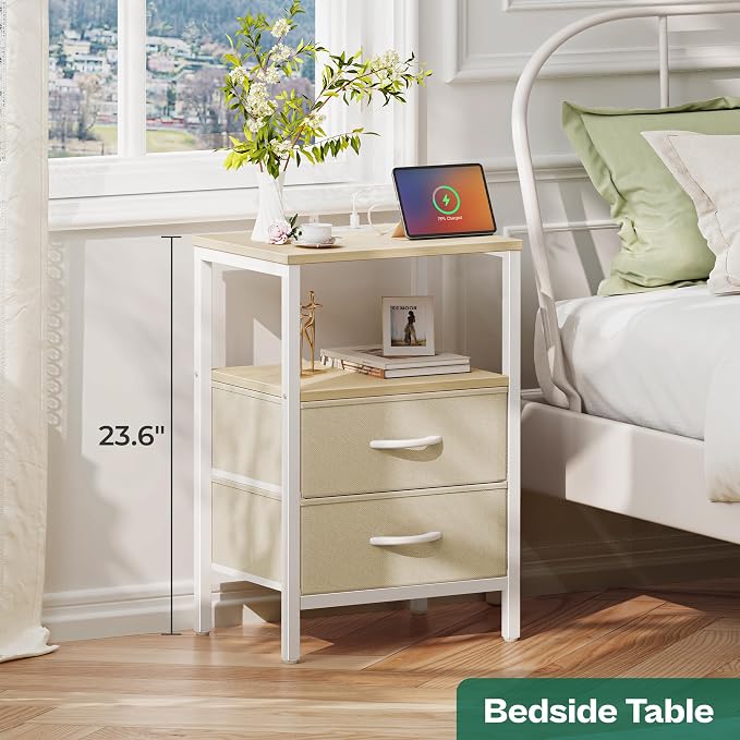 Huuger Nightstand with Charging Station, Side Table with Fabric Drawers | End - Image 3