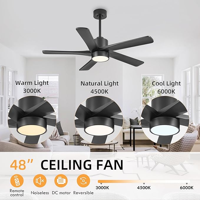 WINGBO 48 Inch DC Ceiling Fan with Lights and Remote Control, 5 Carved Solid Wood Blades, 6-Speed Noiseless Reversible DC Motor, Indoor Ceiling Fan in Matte Black Finish with Black Blades
