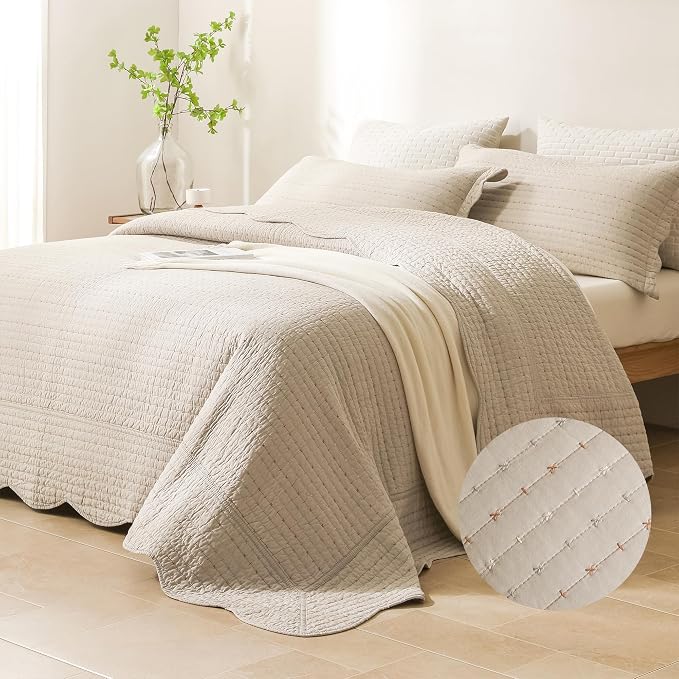 Lady Ann Oversized King Bedspreads 128x120, Linen Colored Ultra Soft Scalloped - Image 2