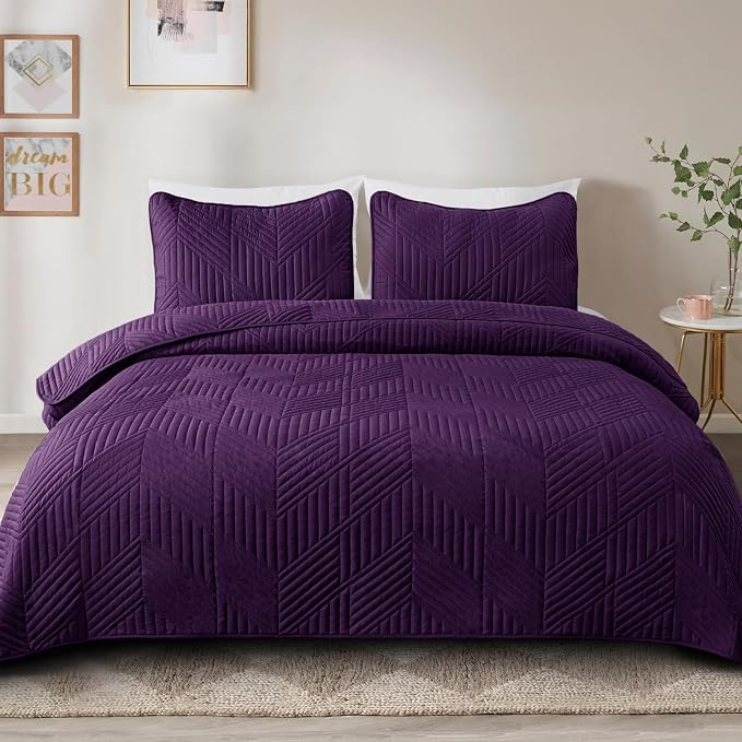 Exclusivo Mezcla Ultrasonic Full Queen Quilt Bedding Set, Deep Purple | - Image 2