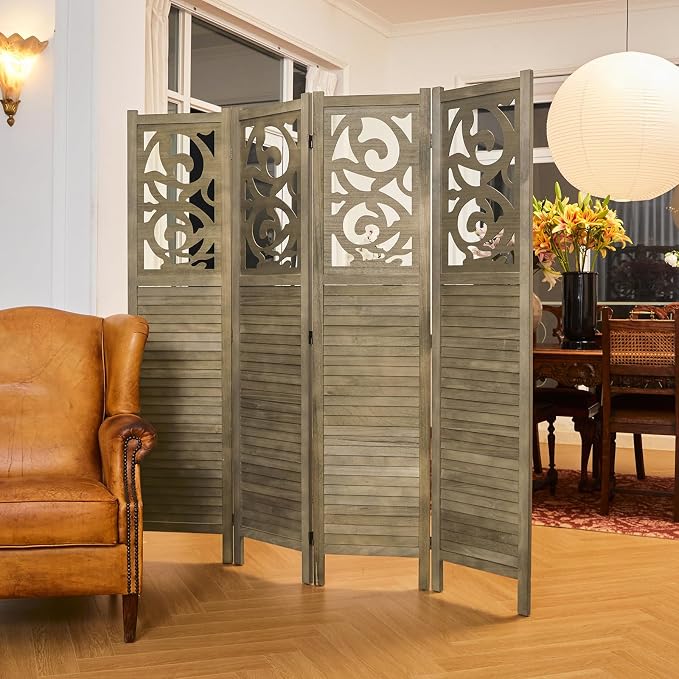 Room Divider Wood Carved Wall Divider Indoor Folding Portable Partition Screen - Image 2