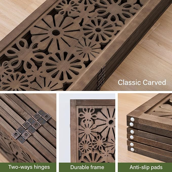 Folding Wood Room Divider Panel, 5.6 FT Tall Daisy-Carved Privacy Screen - Image 2