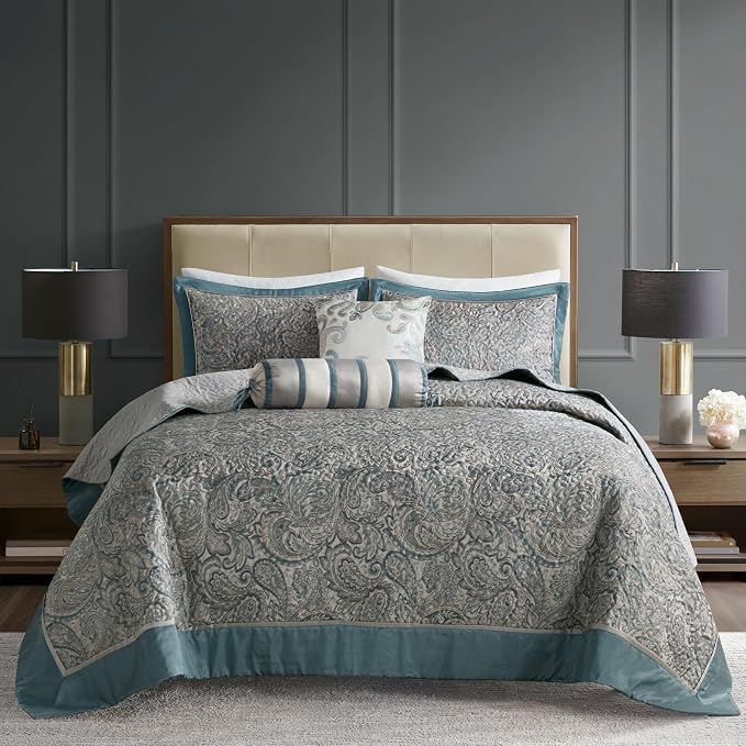 Madison Park Reversible Jacquard Quilted King Bedspread Set Teal, All-Season by MADISONPARK