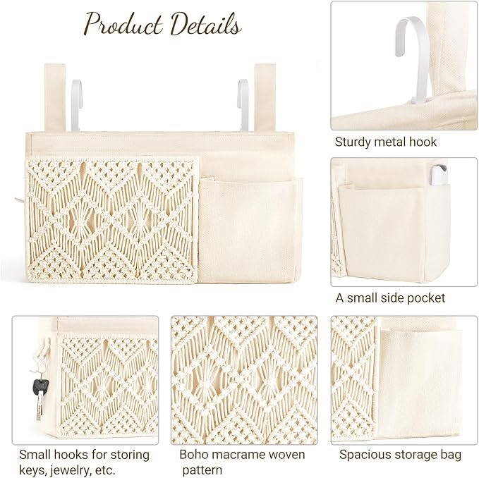 Mkono Bedside Caddy, Macrame Hanging Organizer, 4 Pockets Ivory Metal Hooks | - Image 6
