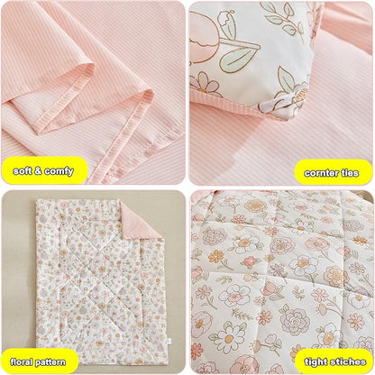 DuShow Floral 4 Piece Girls Toddler Bed Comforter Set Pink Flower Reversible Toddler Bedding Set Soft Baby Crib Bed Sheets Set in a Bag | Include Quilt Comforter,Flat Sheet,Fitted Sheet,Pillowcase