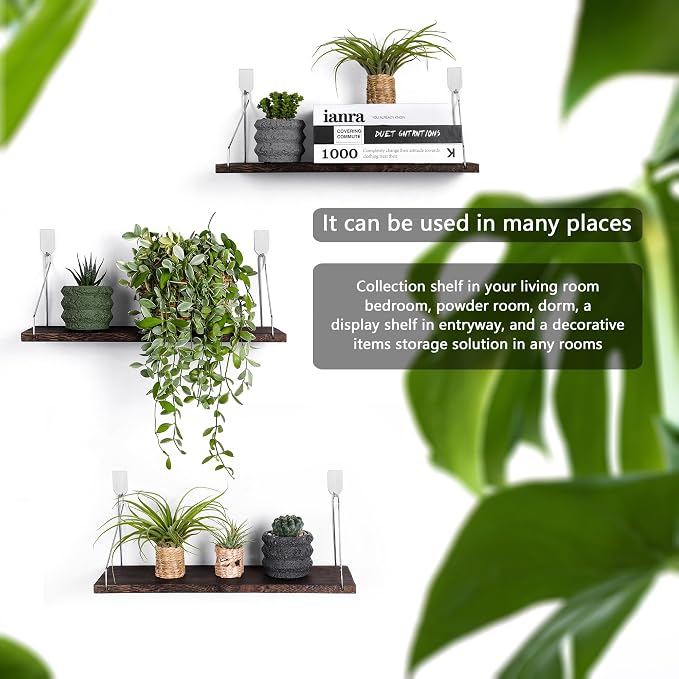 Floating Wall Shelves, Rustic Wood Wall Mounted Shelf Set of 3 | No Drill - Image 4