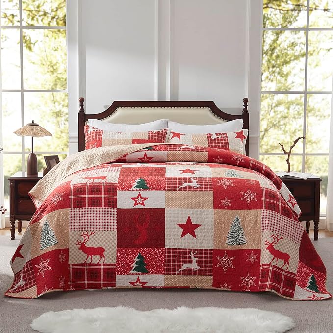 Christmas Quilt Set 3-Piece King Size Bedspread Coverlet 98''x106'' Lightweight - Image 2