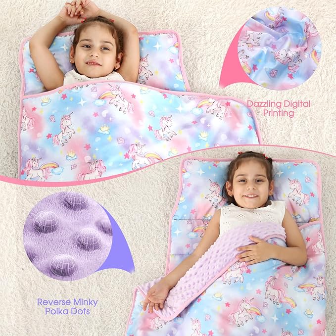 ACRABROS Toddler Nap Mat with Pillow and Blanket, Extra Large Rolled Napping Mats,Slumber Bags for Boys Girls,Kids Sleeping Bag for Daycare, Preschool Travel Camping,Colorful Unicorn