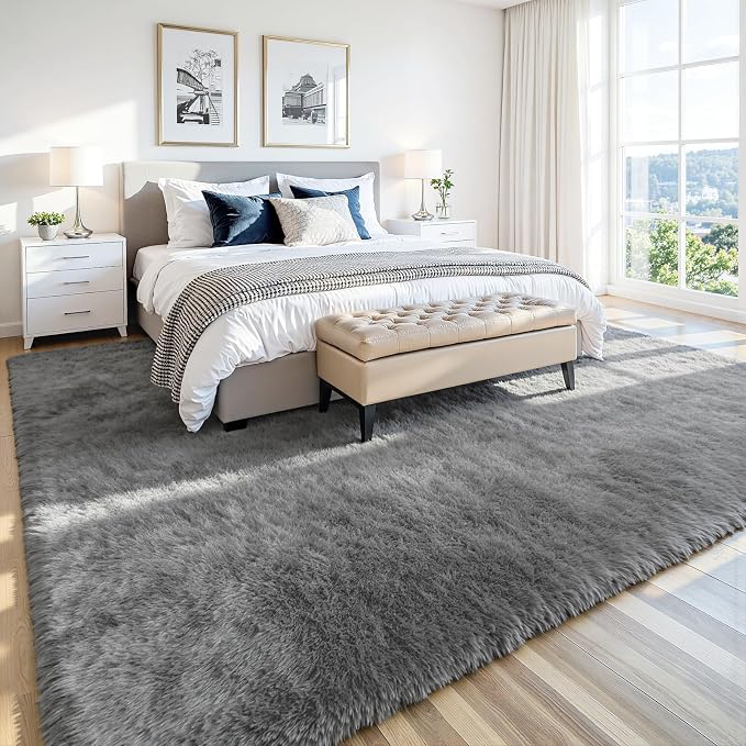 4x6 Fluffy Area Rug for Living Room: Non-Slip Light Grey Bedroom Carpet | Ultra - Image 3