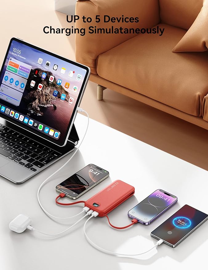 Ultra-Portable-Charger-Power-Bank with Built in Cables&AC Wall Plug,12000mAh PD20W USB-C Fast Charging Cell Phone Charger Battery Pack,LED Display Travel Battery Bank for All iPhone,Samsung,Android