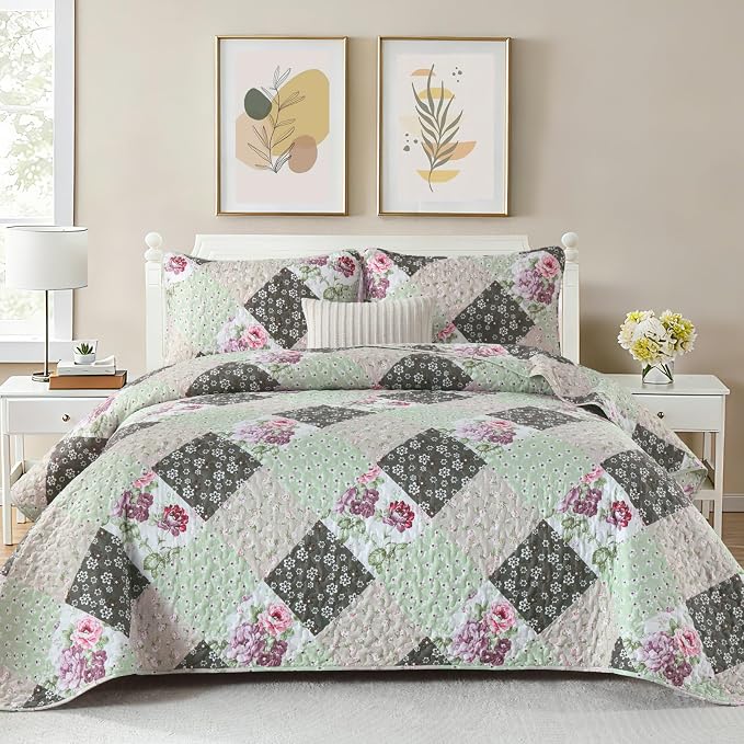 Dinjoy Boho Quilt Set King Size, Patchwork Floral Bedspreads, Reversible Summer by DINJOY