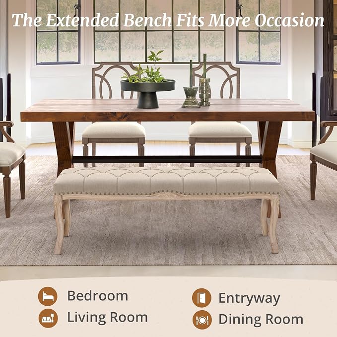 Bedroom Bench, French Vintage Tufted Entryway 52.5" Carving Upholstered End of - Image 6
