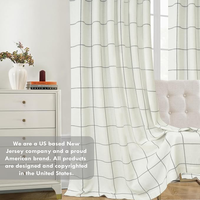DriftAway 100% Blackout Plaid Linen Curtains 108 Inches Long 2 Panels Gray | - Image 8