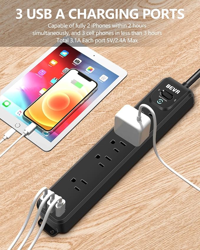 2 Pack Surge Protector Power Strip, 10FT Long Extension Cord with 5 Widely Spaced Outlets 3 USB Ports (1 USB C Port), Flat Overload Protection, 900 Joules, Wall Mount for Home Office Dorm, ETL Listed