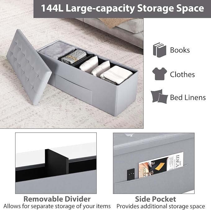 Giantex 43 Inches Folding Storage Ottoman Bench, Upholstered PU Leather Storage - Image 5