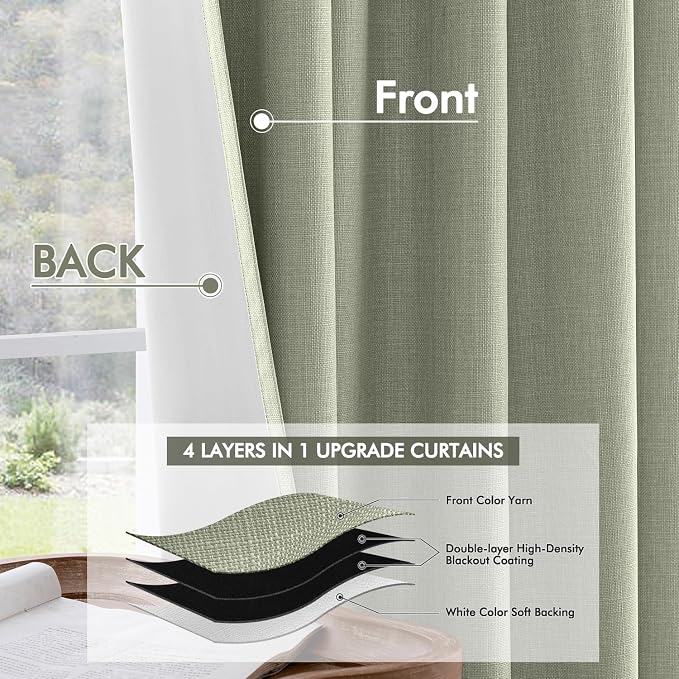 MIULEE 100% Blackout Back Tab Pleat Linen Curtains 50" Wx120 L, Sage Green | 2 - Image 5
