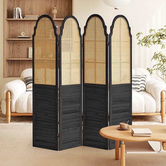 4 Panel Wood Room Divider, Folding Privacy Screen, Rattan Room Divider Wall - Image 5
