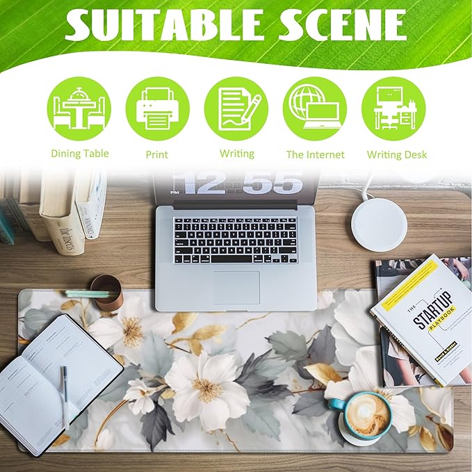 Eflxamz Desk Mat,White Gold Marble Desk Pad,White Flowers Golden Leaves Large Gaming Mouse Pad for Desk,Extended Big Computer Keyboard Mouse Pad with Non-Slip Base and Stitched Edge,31.5"x11.8"