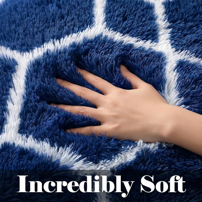 5x7 Area Rugs for Living Room Bedroom, Fluffy Navy Blue and White Throw Rug - Image 2