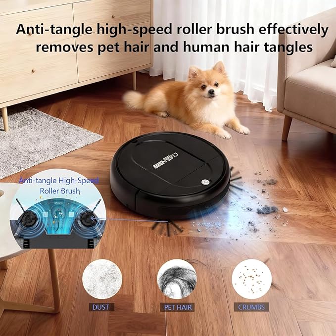 3-in-1 Robot Vacuum and Mop | 4500Pa Strong Suction, Anti-Tangle, 120 Mins Runtime, Ultra-Thin, Low Noise, Smart Navigation, Multiple Cleaning Modes, Ideal for Pet Hair and Hard Floors (Black)