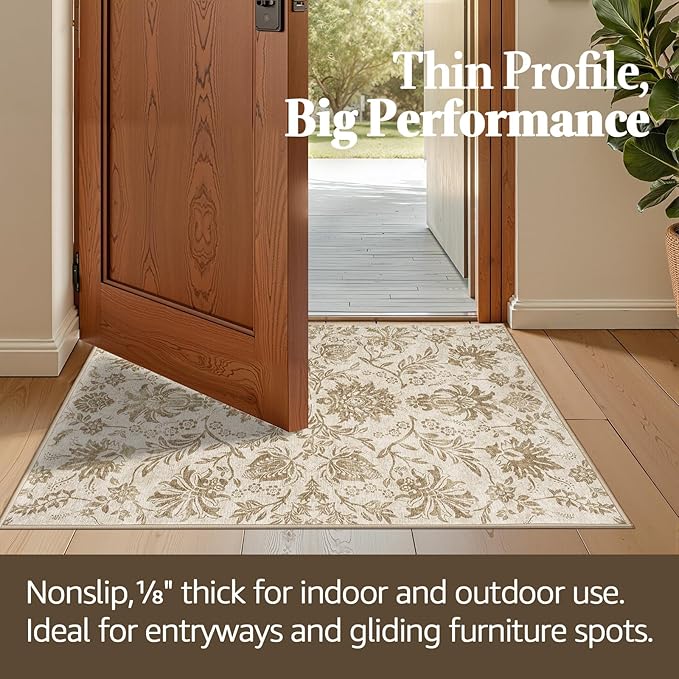 jinchan Torino 3x5 Area Rugs for Entryway, Vintage-Inspired Floral Neutral Design Washable Non-Slip Low-Pile Rug, Ultra-Thin Indoor Traditional Accent Carpet for Entrance Bedroom Hallway, Taupe