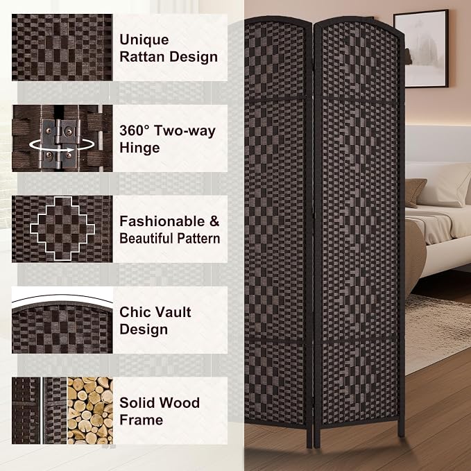 RHF Room Divider Panel, 6 Panel Partition Room Dividers Screen, Dark Mocha | - Image 4