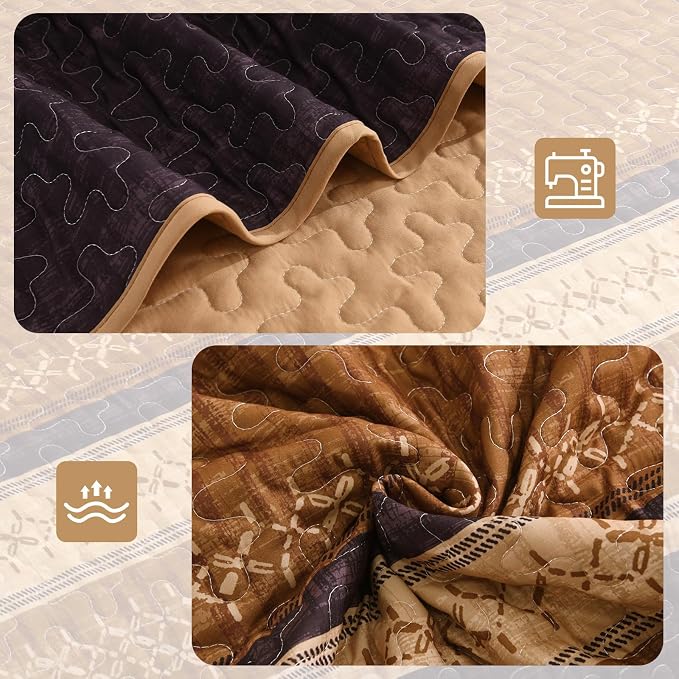 Cottolester Fall Quilt Set King, Burnt Orange Striped Patchwork Bedspread | - Image 4