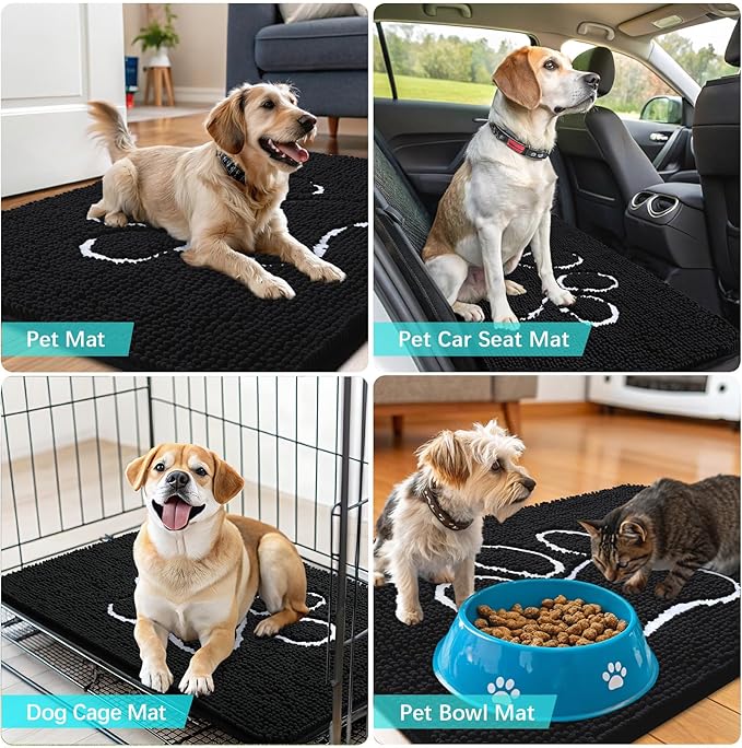 OLANLY Dog Door Mat for Muddy Paws 30x20, Paw Print Design, Absorbs Moisture and Dirt, Absorbent Non-Slip Washable Doormat, Quick Dry Chenille Mud Mat for Dogs, Entry Indoor Entryway Carpet, Black